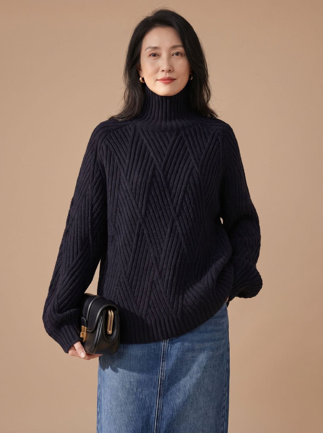Damen Oversized Rollkragenpullover mit Zopfmuster