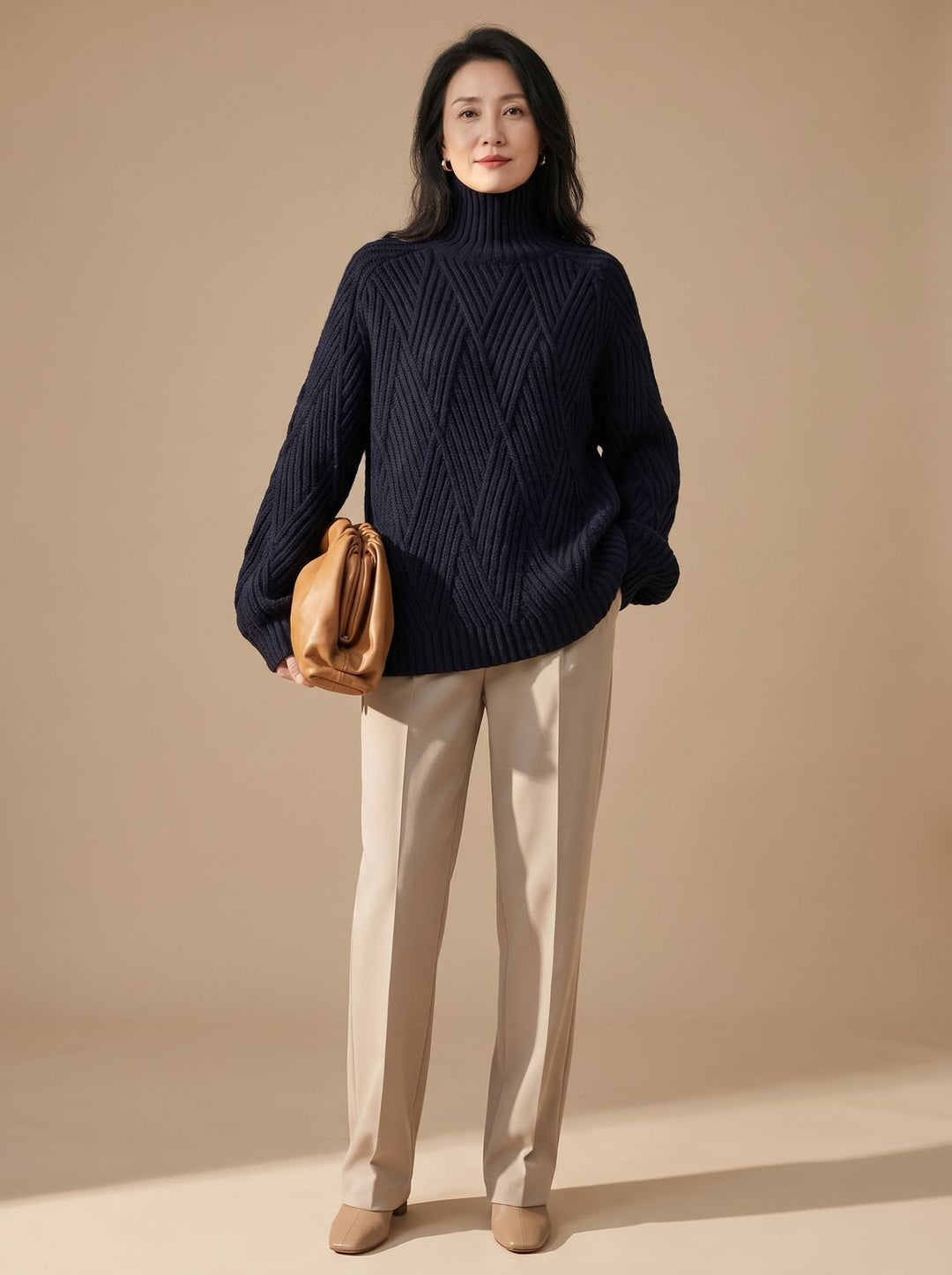 Damen Oversized Rollkragenpullover mit Zopfmuster