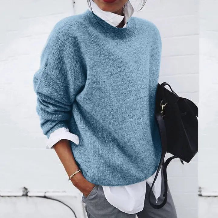 Damen Oversized Rundhals Kaschmir-Blend Pullover Sweater - Blue