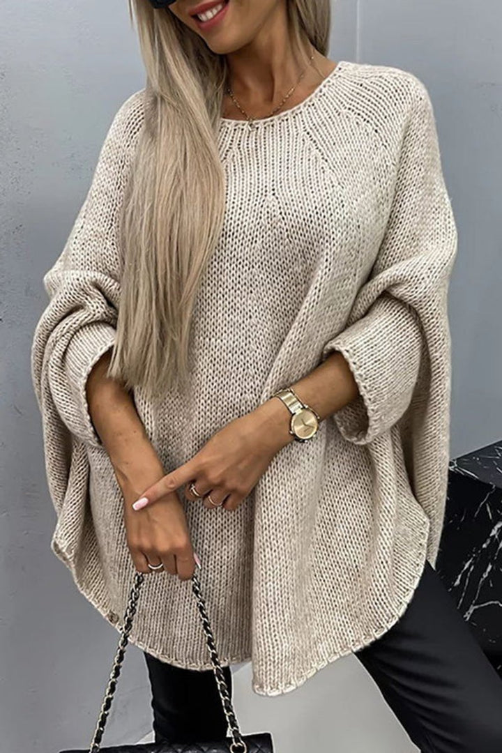 Damen Oversized Rundhals Knit Sweater mit Fledermausärmeln - Beige