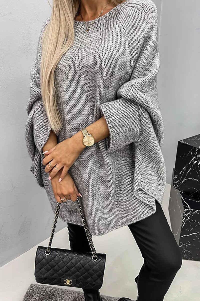 Damen Oversized Rundhals Knit Sweater mit Fledermausärmeln - Grau