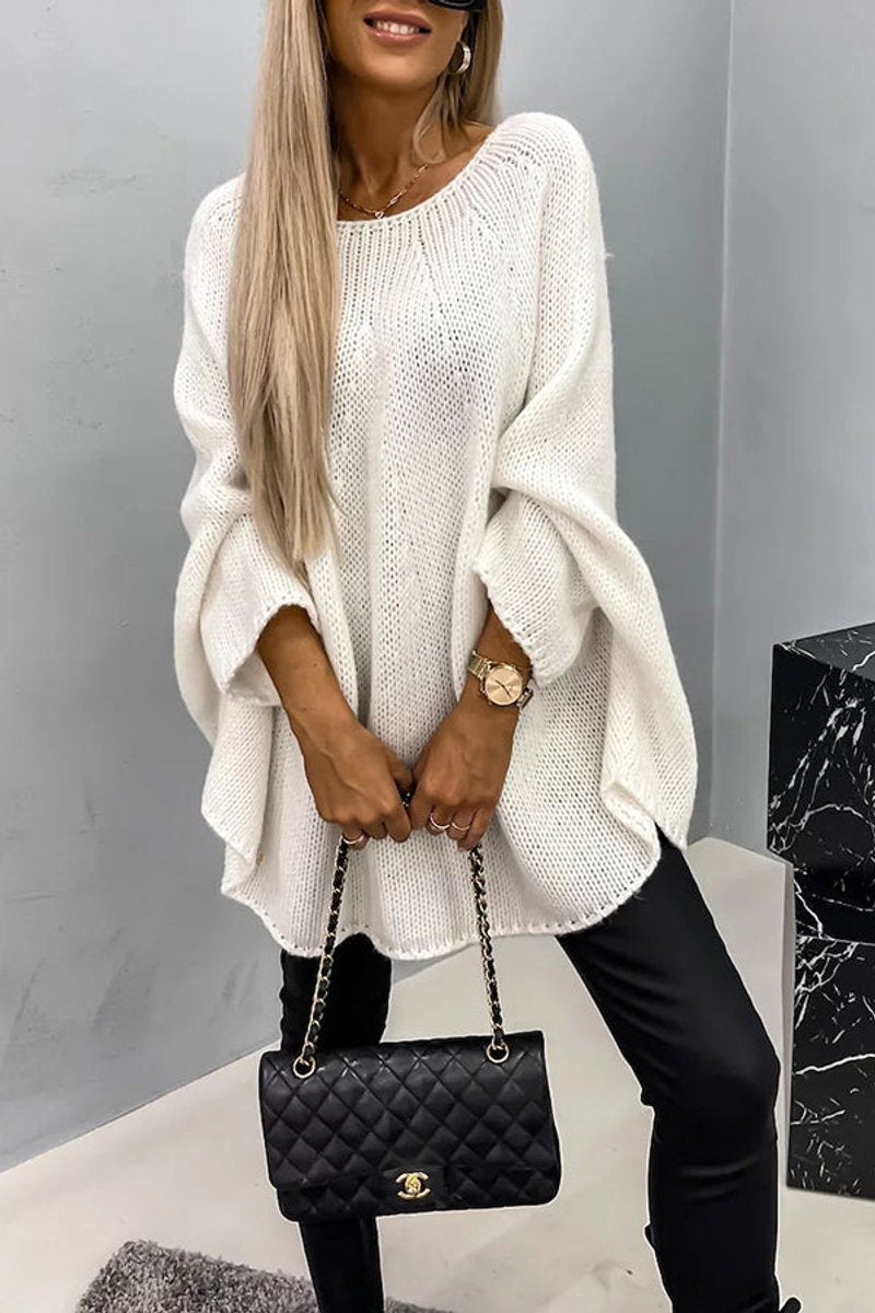 Damen Oversized Rundhals Knit Sweater mit Fledermausärmeln - Creme