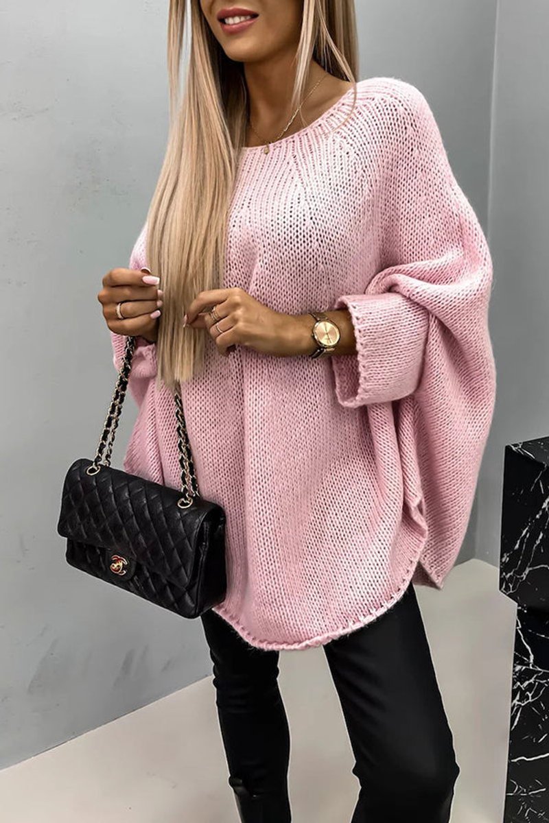 Damen Oversized Rundhals Knit Sweater mit Fledermausärmeln - Rosa