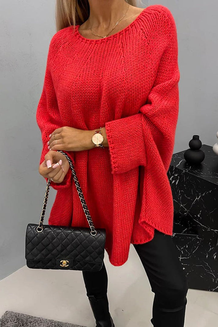 Damen Oversized Rundhals Knit Sweater mit Fledermausärmeln - Rot