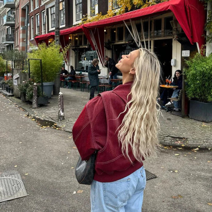 Damen Oversized Steppjacke Bomberjacke Kontrastnaht Kunstleder