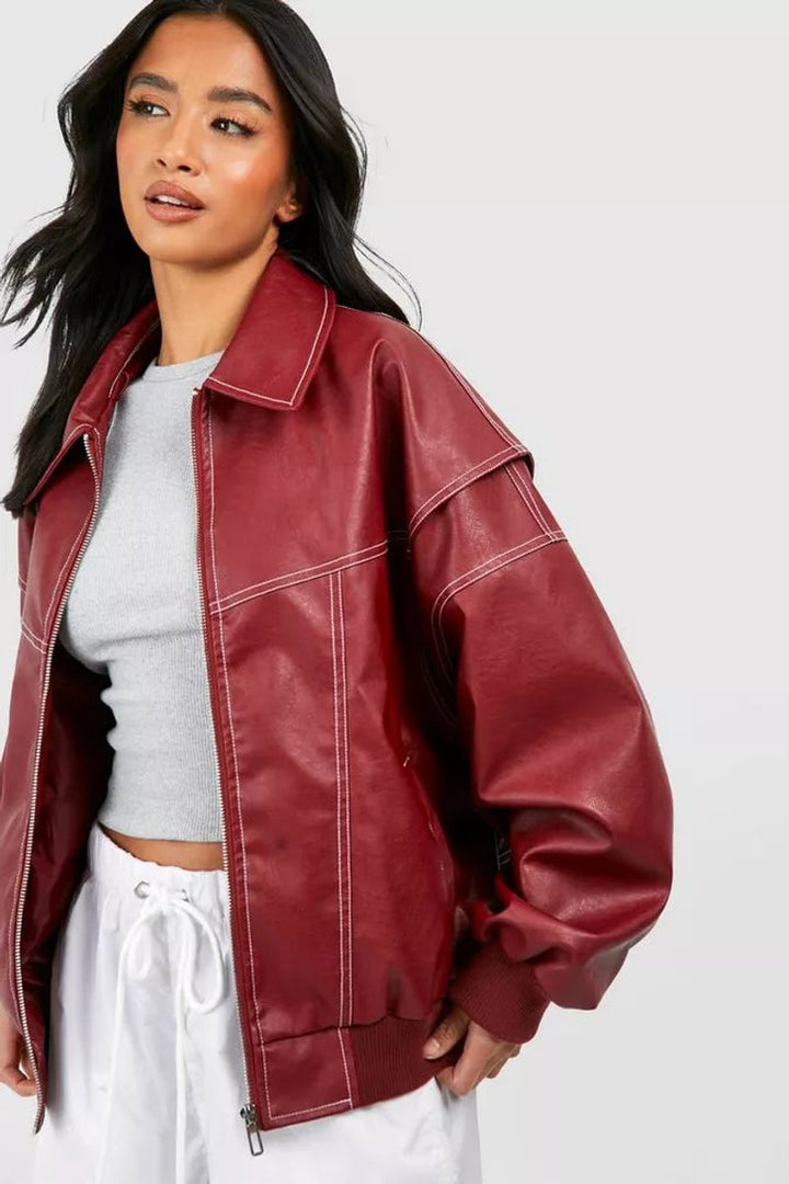 Damen Oversized Steppjacke Bomberjacke Kontrastnaht Kunstleder - Weinrot