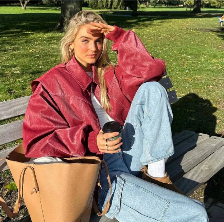 Damen Oversized Steppjacke Bomberjacke Kontrastnaht Kunstleder