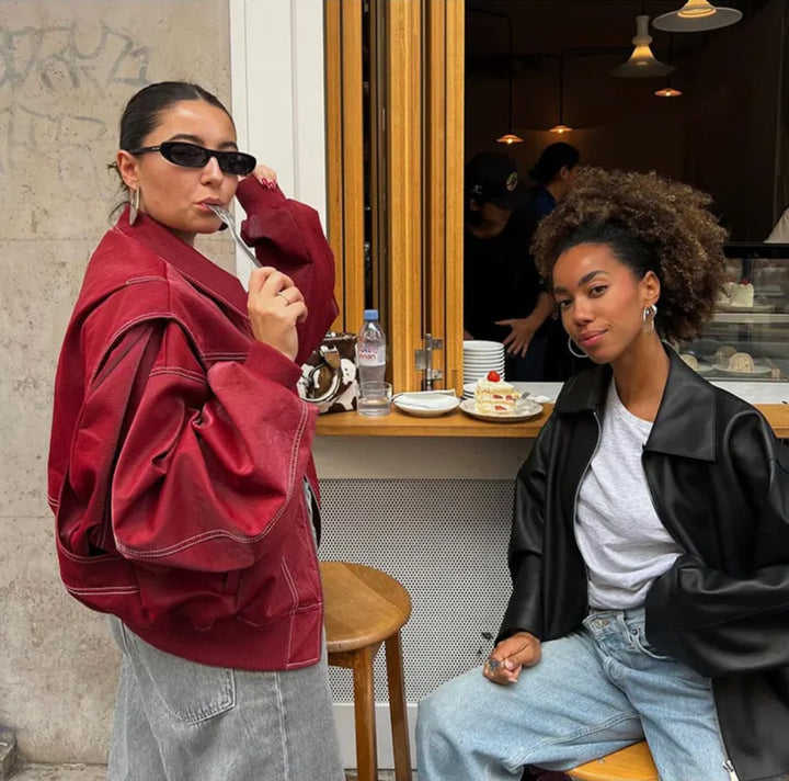 Damen Oversized Steppjacke Bomberjacke Kontrastnaht Kunstleder