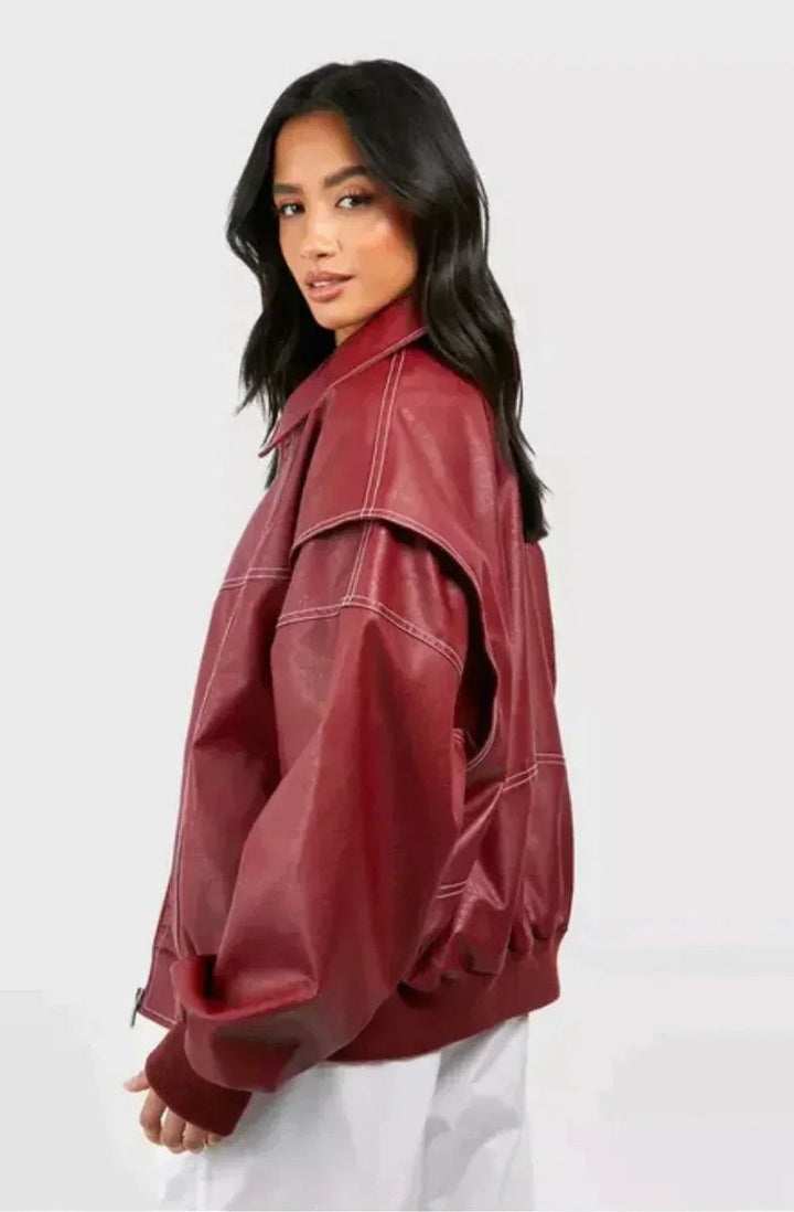 Damen Oversized Steppjacke Bomberjacke Kontrastnaht Kunstleder