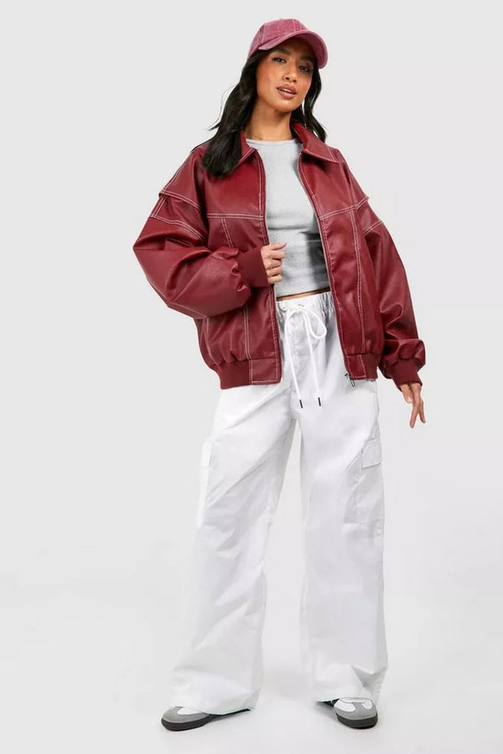 Damen Oversized Steppjacke Bomberjacke Kontrastnaht Kunstleder