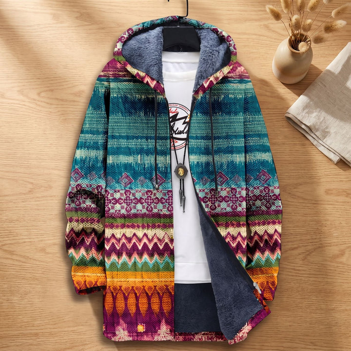 Damen Oversized Strickjacke Boho-Muster Fleecefutter Kapuze - Mehrfarbig
