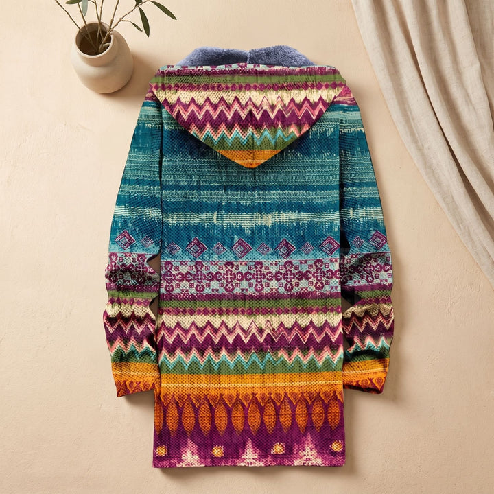 Damen Oversized Strickjacke Boho-Muster Fleecefutter Kapuze