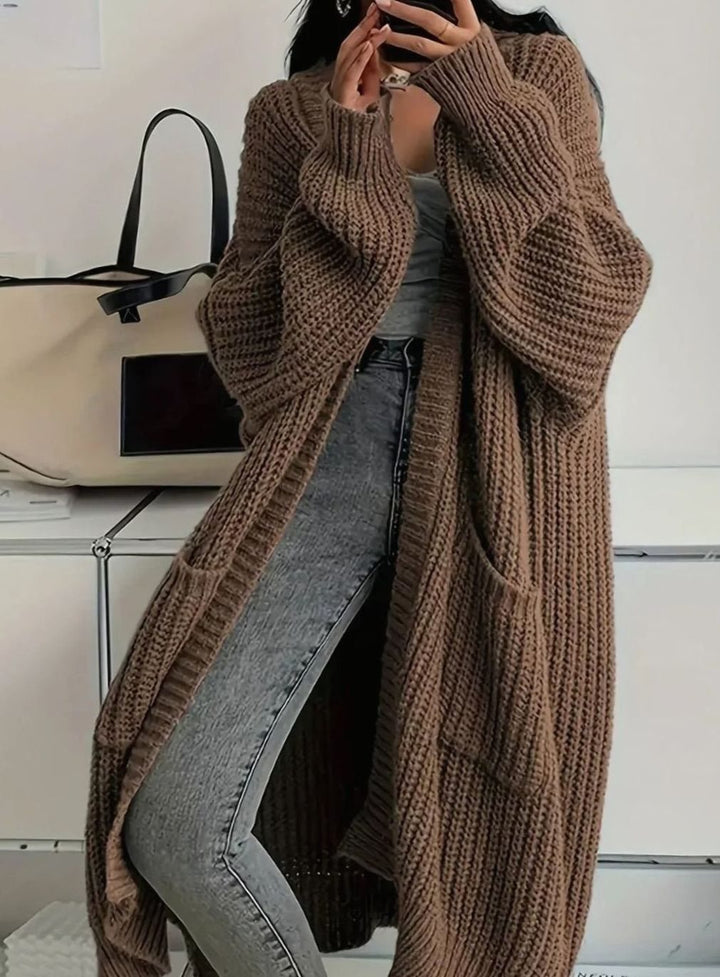 Damen Oversized Strickjacke lang mit Taschen - Braun
