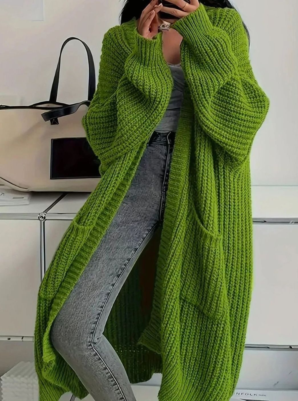 Damen Oversized Strickjacke lang mit Taschen - Olivgrün