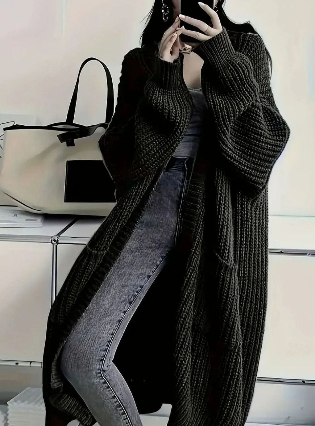 Damen Oversized Strickjacke lang mit Taschen - Schwarz