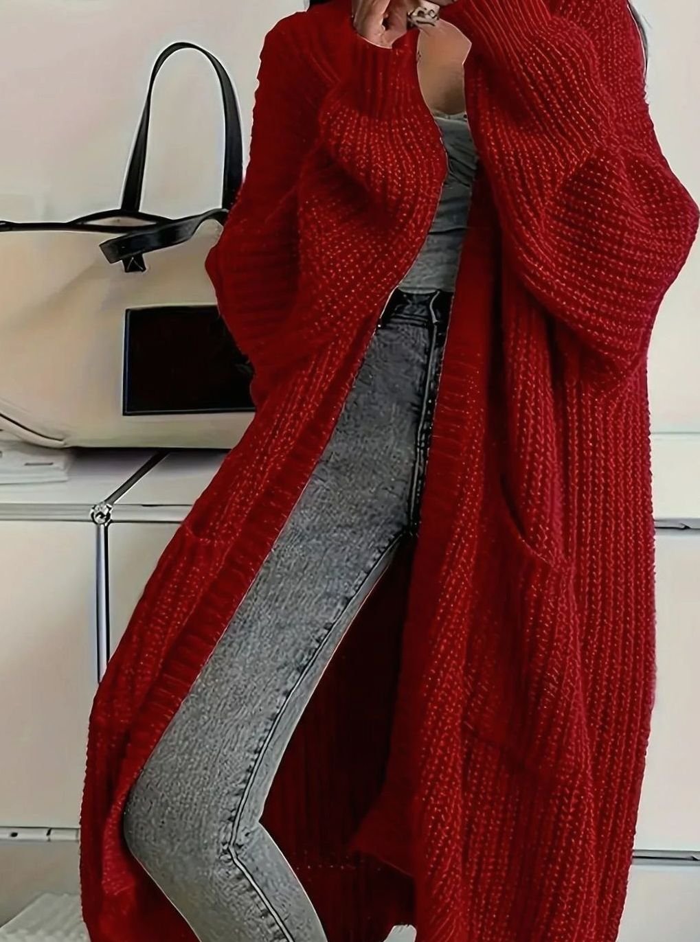 Damen Oversized Strickjacke lang mit Taschen - Rot