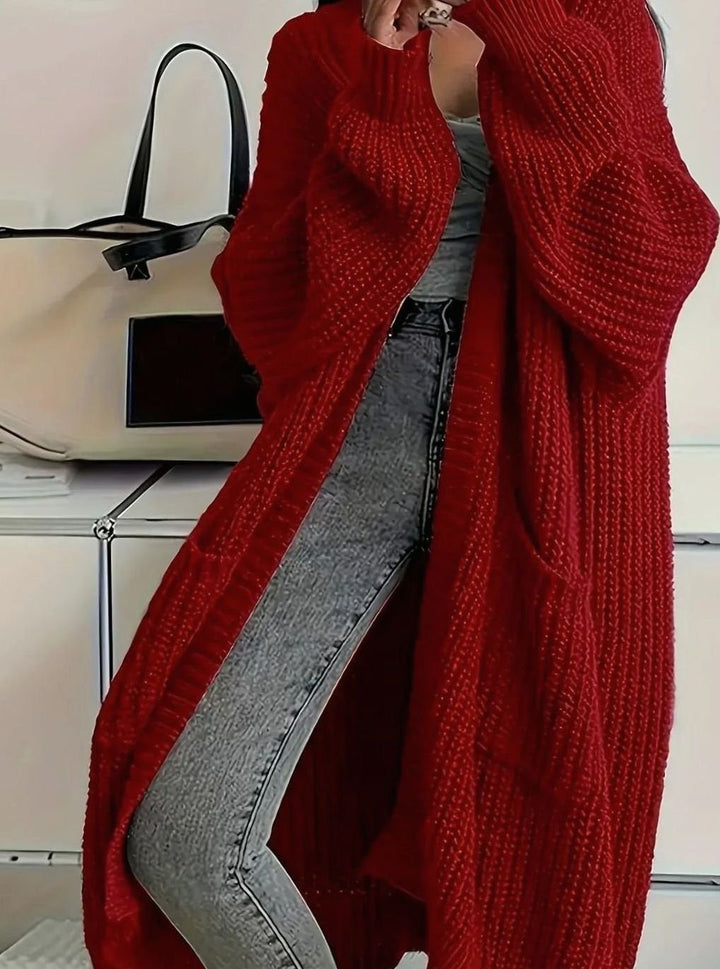Damen Oversized Strickjacke lang mit Taschen - Rot