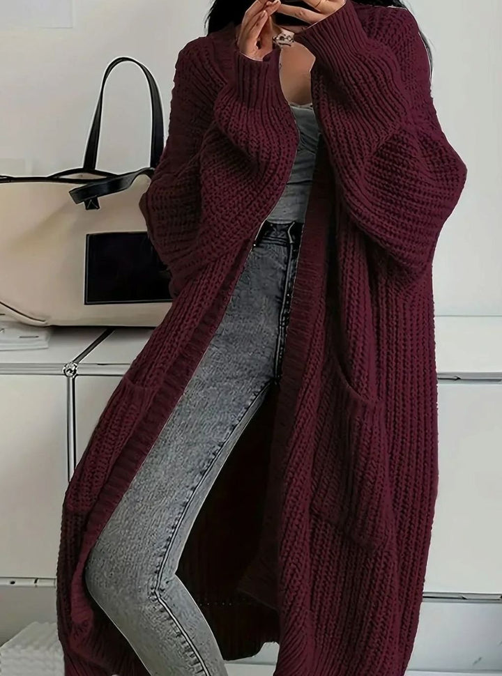 Damen Oversized Strickjacke lang mit Taschen - Karmesinrot