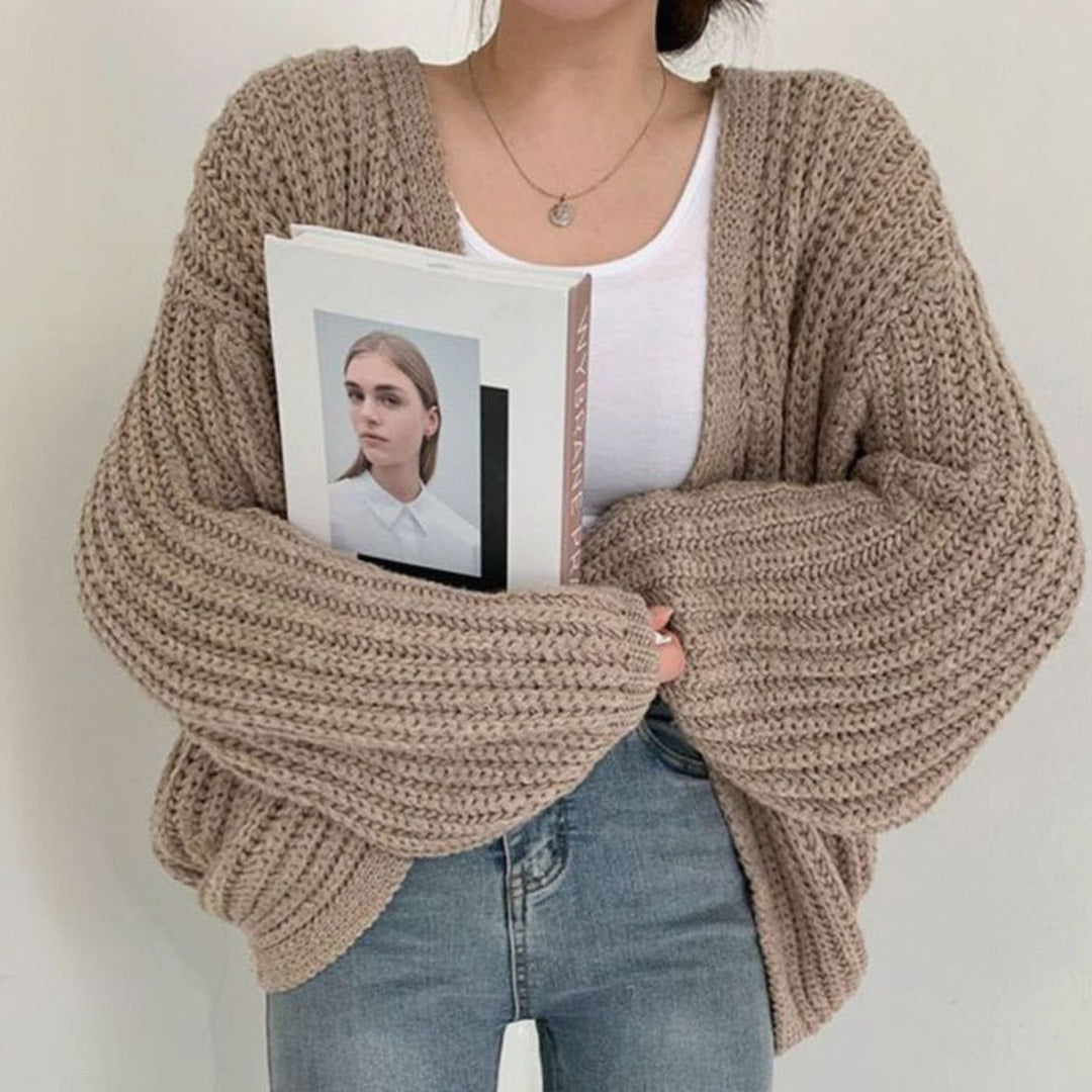 Damen Oversized Strickjacke mit Ballonärmeln offen - Khaki