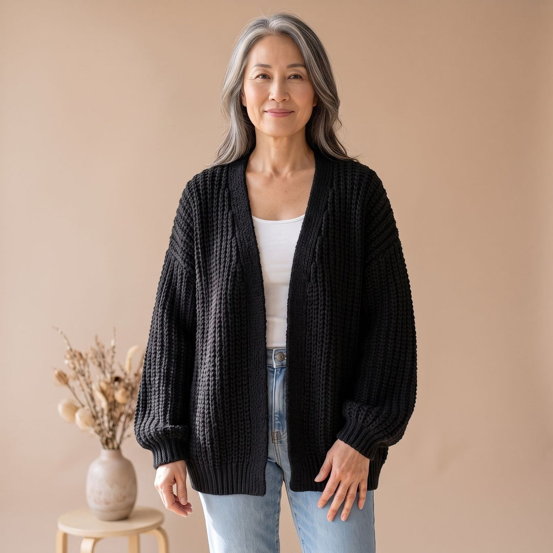 Damen Oversized Strickjacke mit Ballonärmeln offen - Schwarz