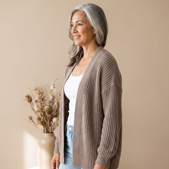 Damen Oversized Strickjacke mit Ballonärmeln offen