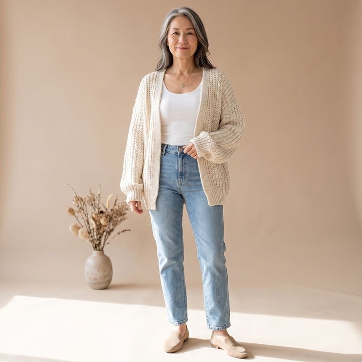 Damen Oversized Strickjacke mit Ballonärmeln offen - Weiß