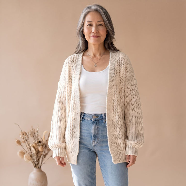 Damen Oversized Strickjacke mit Ballonärmeln offen