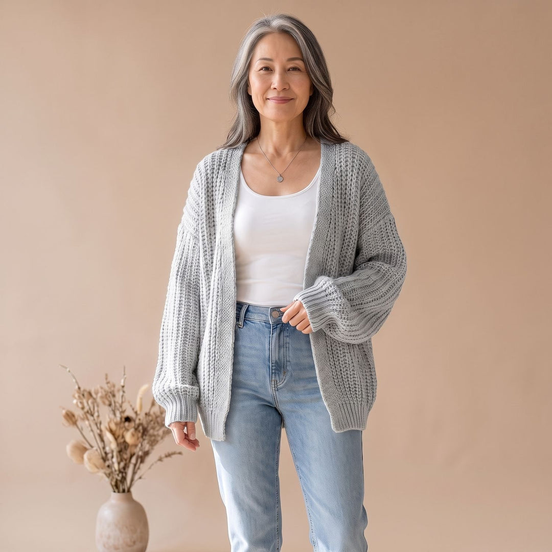 Damen Oversized Strickjacke mit Ballonärmeln offen - Grau