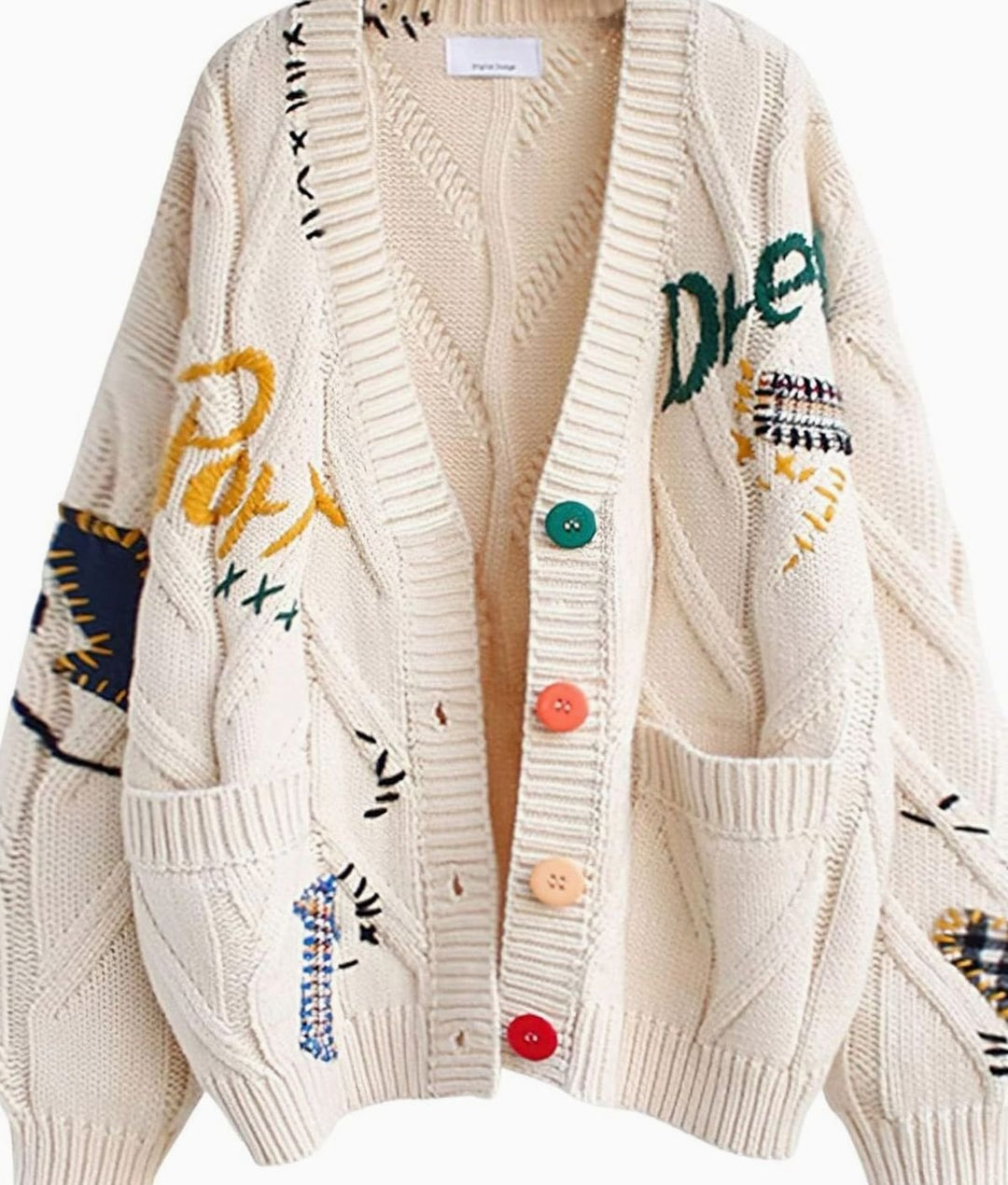 Damen Oversized Strickjacke mit Buchstabenprint und Bunten Knöpfen - Khaki