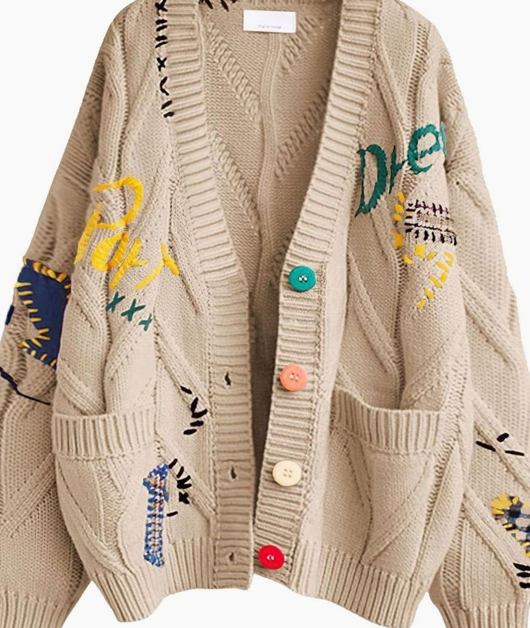 Damen Oversized Strickjacke mit Buchstabenprint und Bunten Knöpfen - Beige