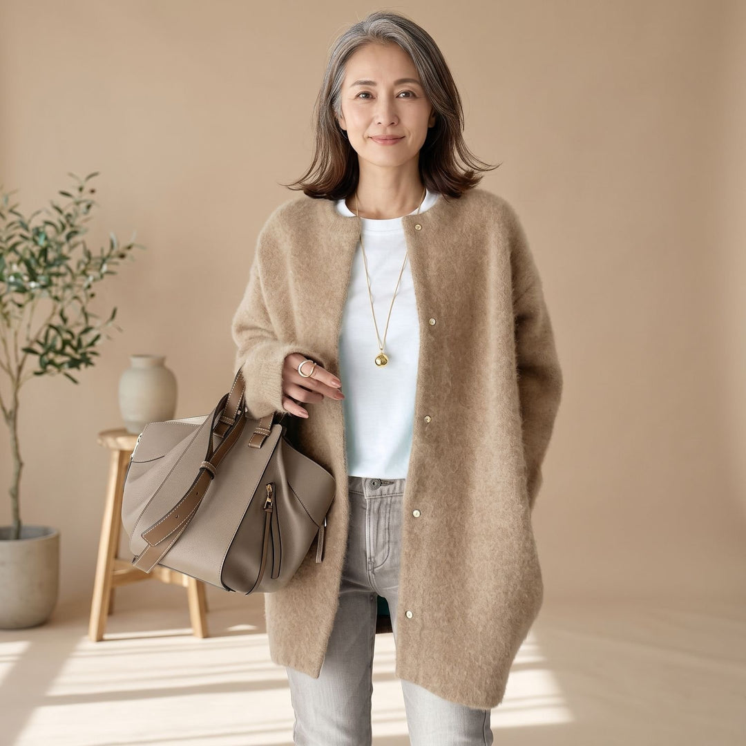 Damen Oversized Strickjacke mit Druckknöpfen Long Sleeve Cardigan - Khaki Braun