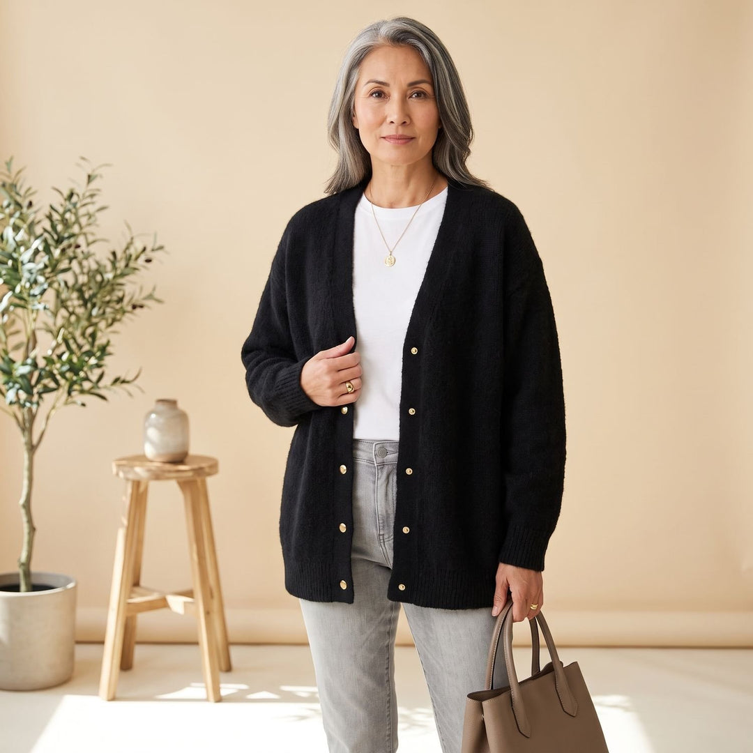 Damen Oversized Strickjacke mit Druckknöpfen Long Sleeve Cardigan - Schwarz