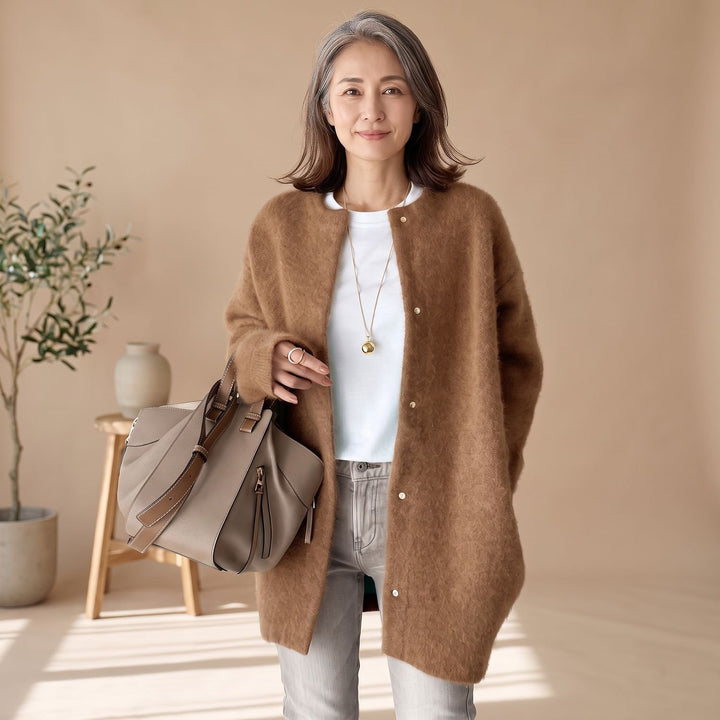 Damen Oversized Strickjacke mit Druckknöpfen Long Sleeve Cardigan - Karamelbraun