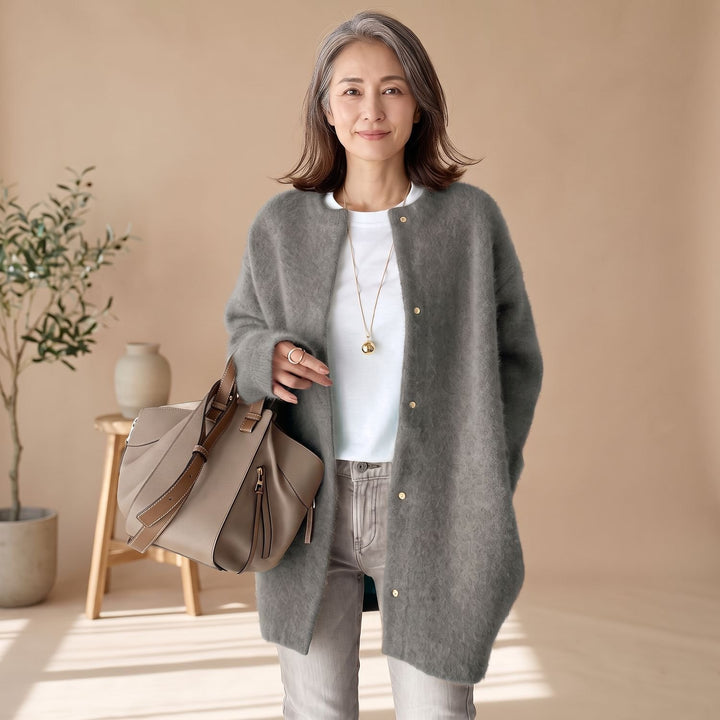 Damen Oversized Strickjacke mit Druckknöpfen Long Sleeve Cardigan - Grau