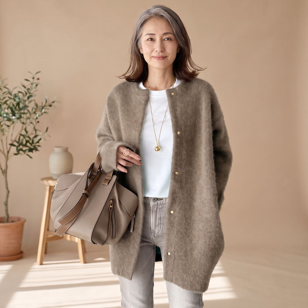 Damen Oversized Strickjacke mit Druckknöpfen Long Sleeve Cardigan - Braun