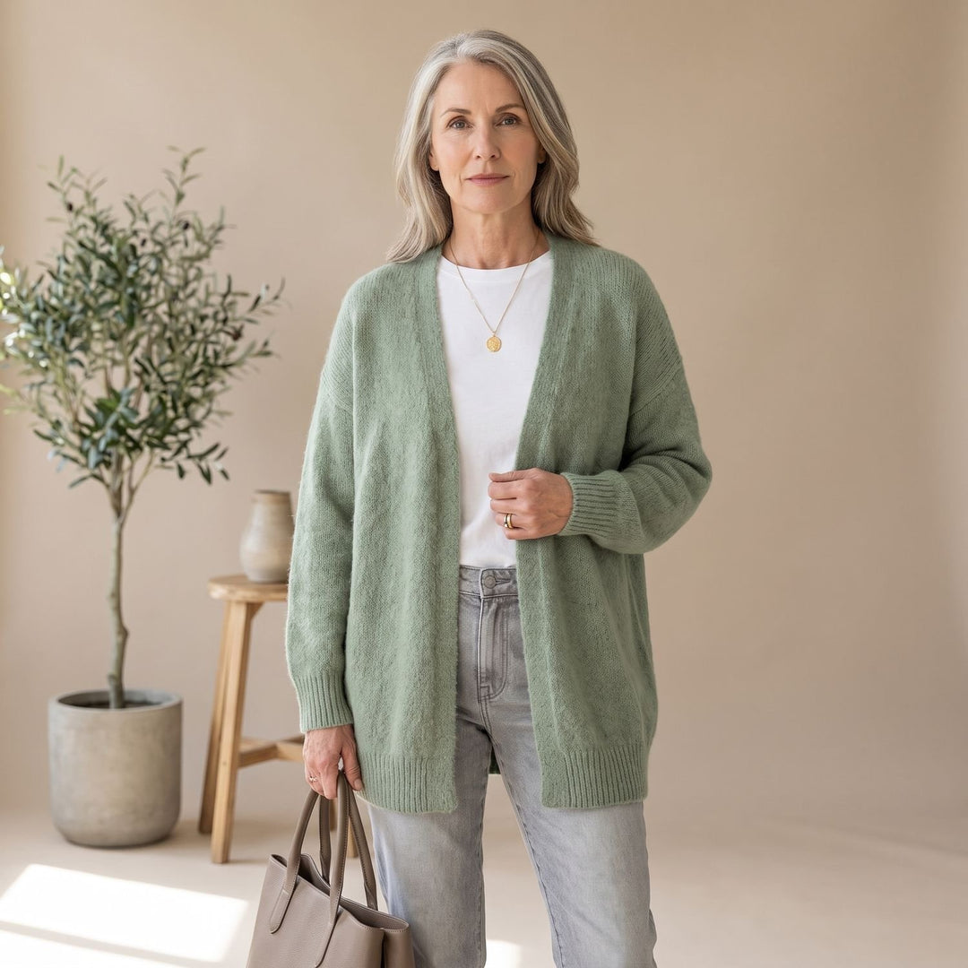 Damen Oversized Strickjacke mit Druckknöpfen Long Sleeve Cardigan - Grün
