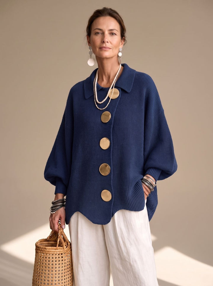 Damen Oversized Strickjacke mit Goldknöpfen und Laternenärmeln, Navy Blue - Marineblau