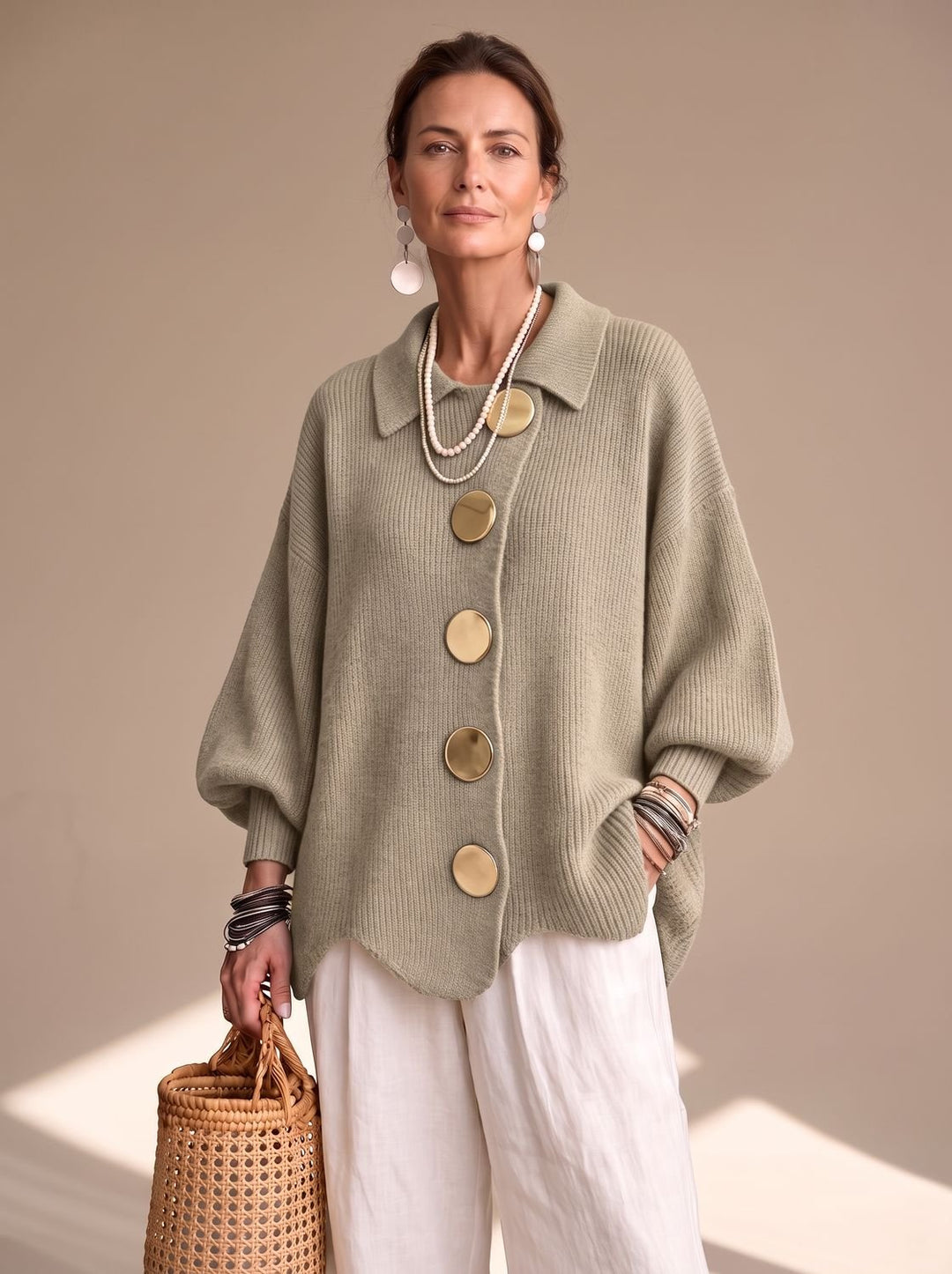 Damen Oversized Strickjacke mit Goldknöpfen und Laternenärmeln, Navy Blue - Khaki