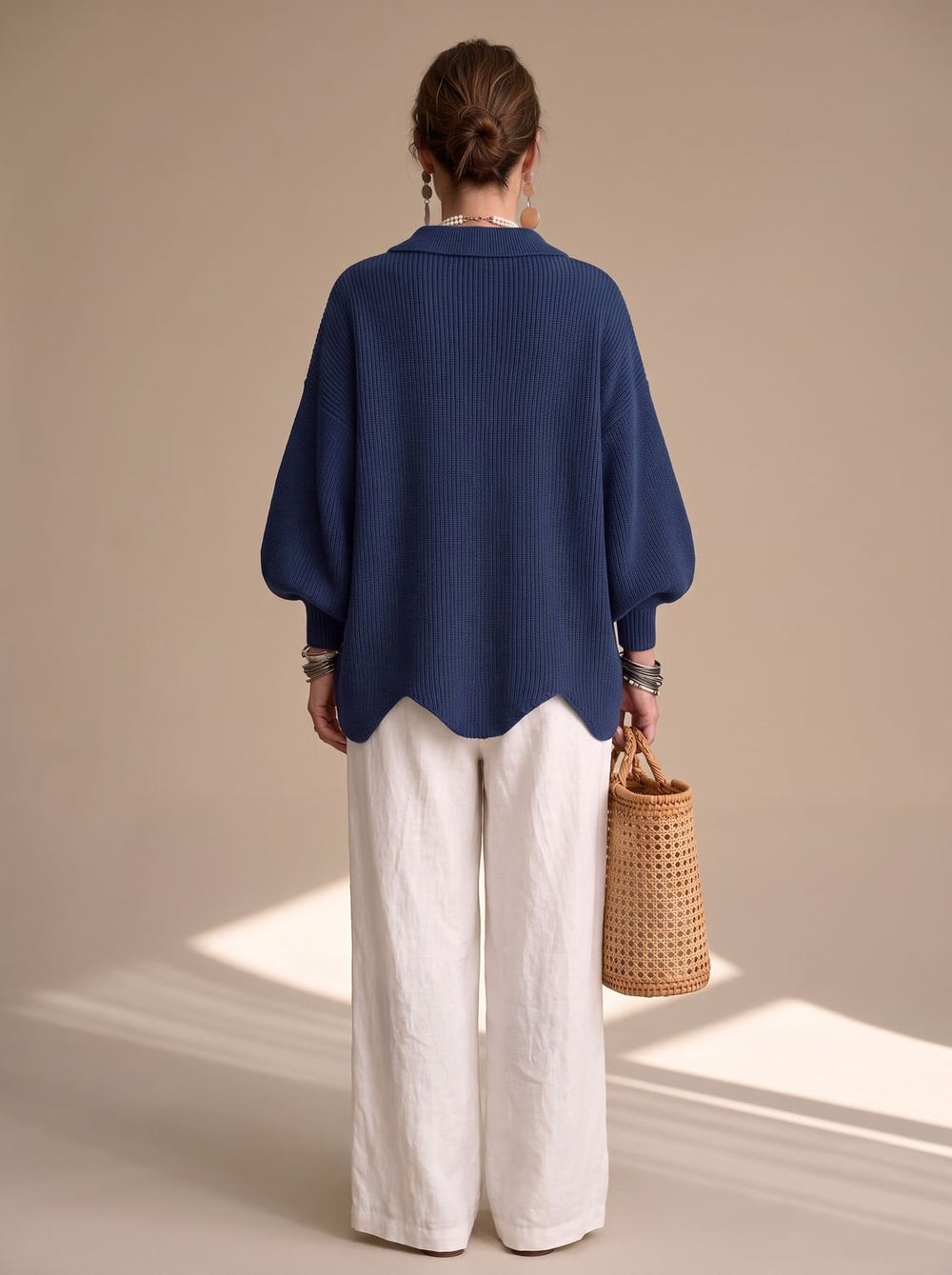 Damen Oversized Strickjacke mit Goldknöpfen und Laternenärmeln, Navy Blue