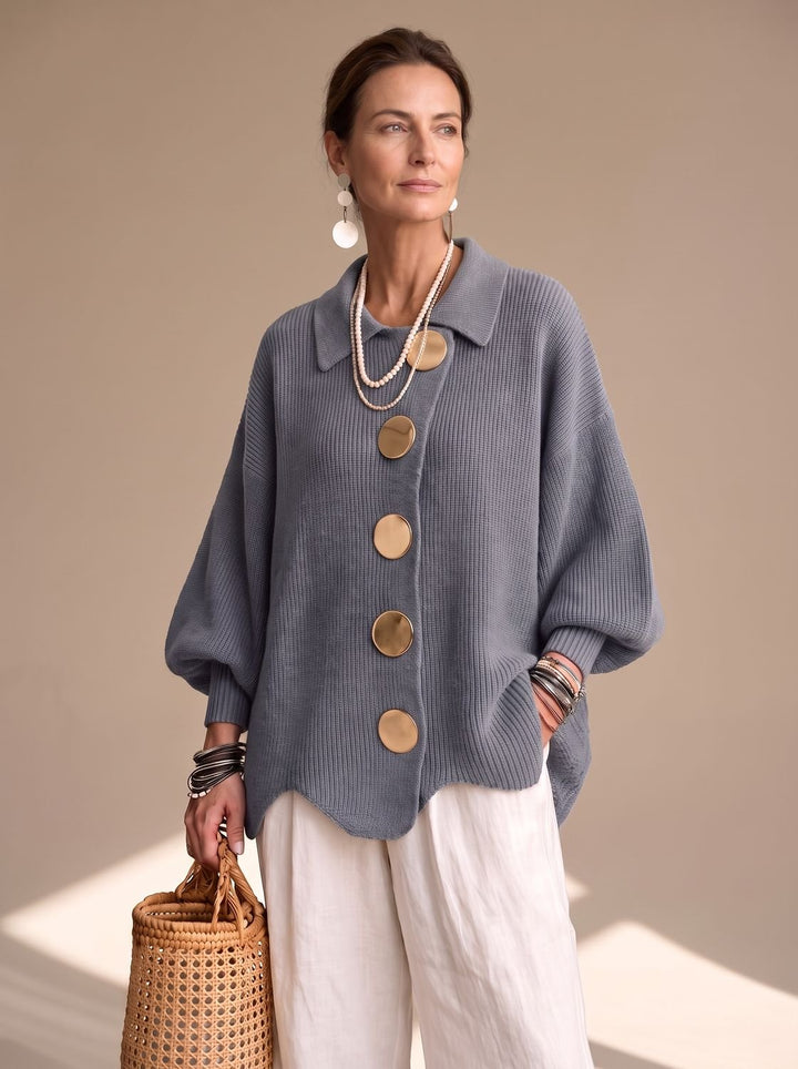 Damen Oversized Strickjacke mit Goldknöpfen und Laternenärmeln, Navy Blue - Grau