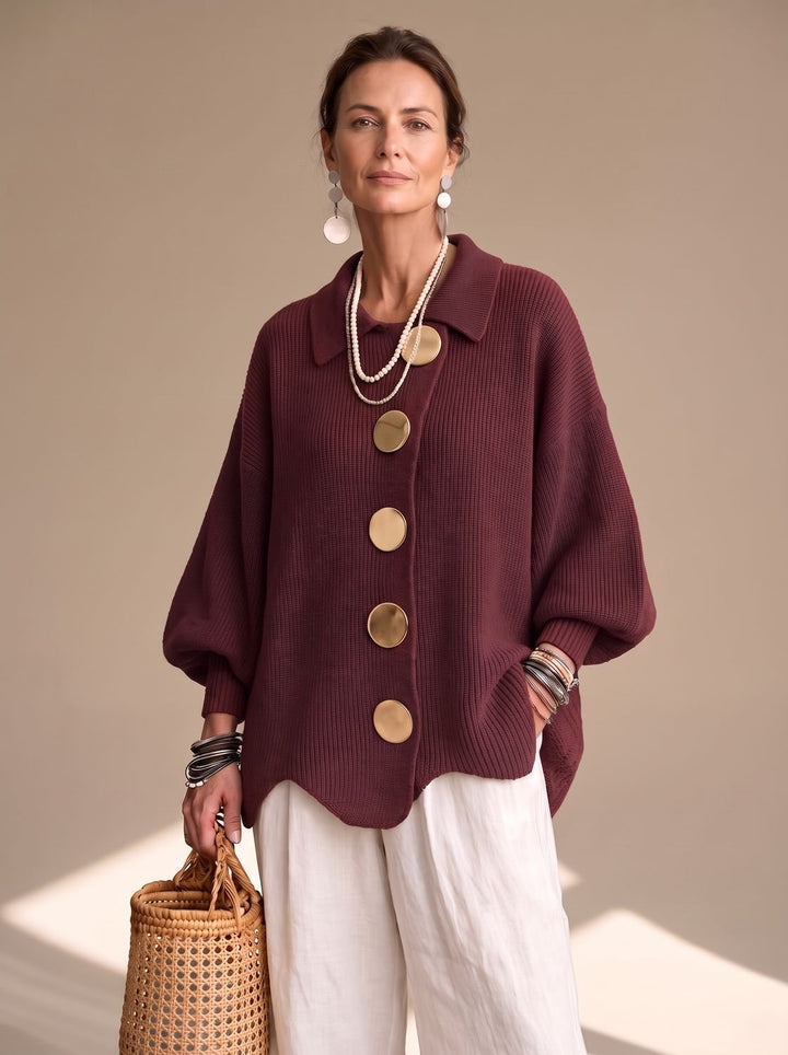 Damen Oversized Strickjacke mit Goldknöpfen und Laternenärmeln, Navy Blue - Rot