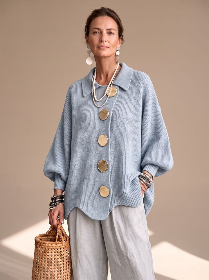 Damen Oversized Strickjacke mit Goldknöpfen und Laternenärmeln, Navy Blue - Himmelblau
