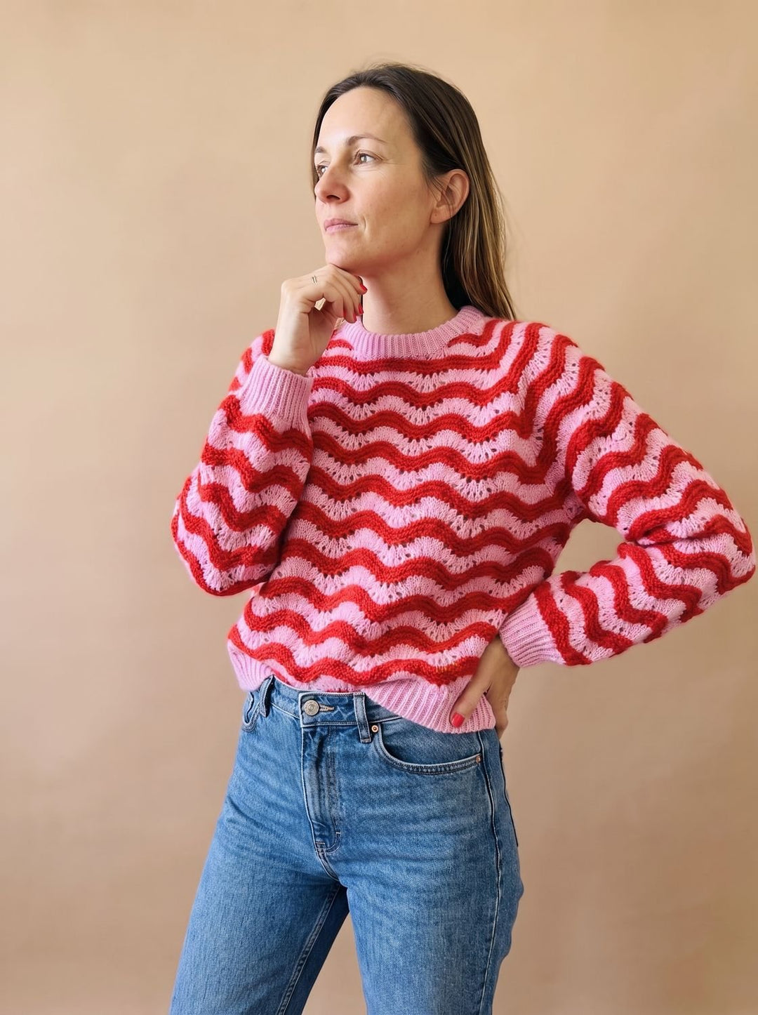Damen Oversized Strickpullover mit Wellenmuster Rundhalsausschnitt