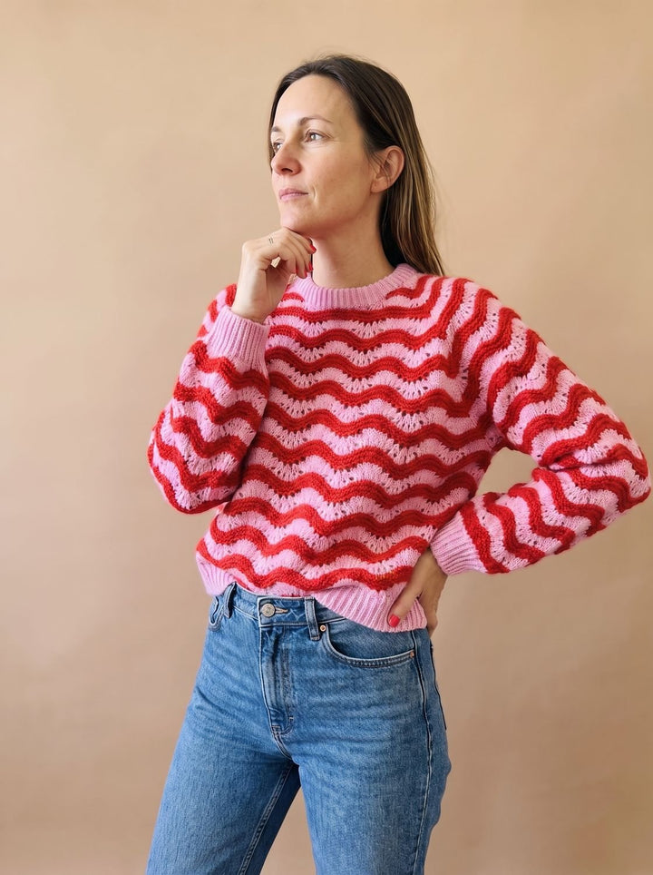Damen Oversized Strickpullover mit Wellenmuster Rundhalsausschnitt