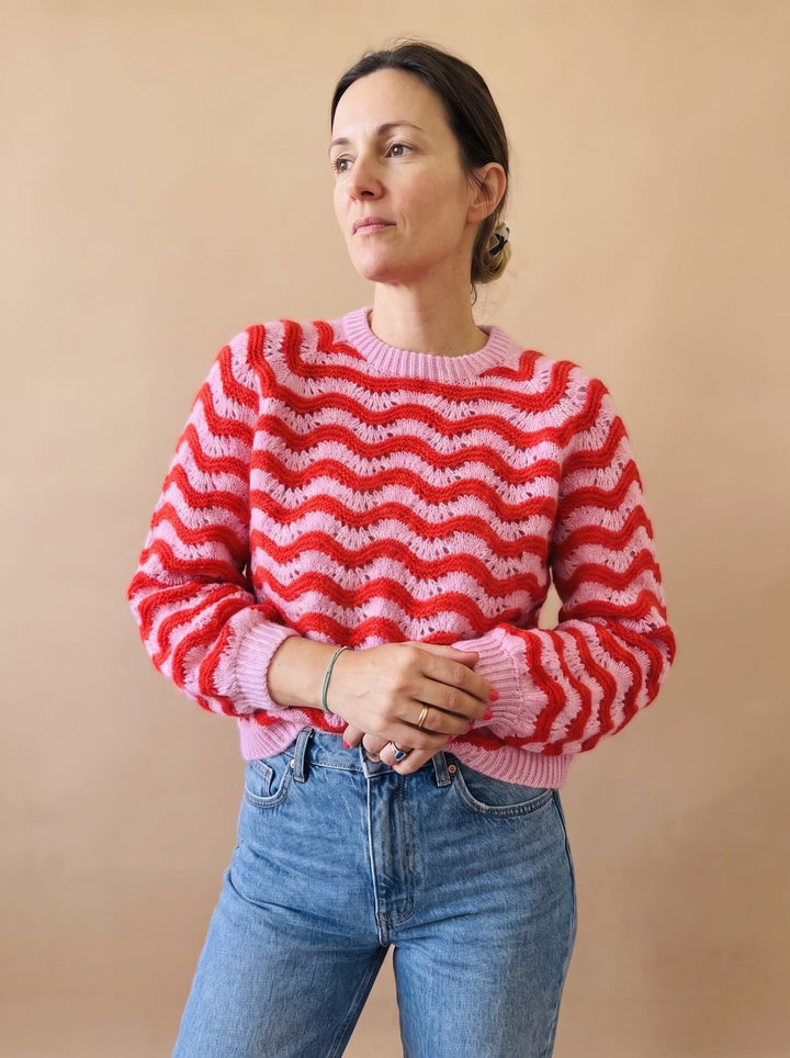 Damen Oversized Strickpullover mit Wellenmuster Rundhalsausschnitt