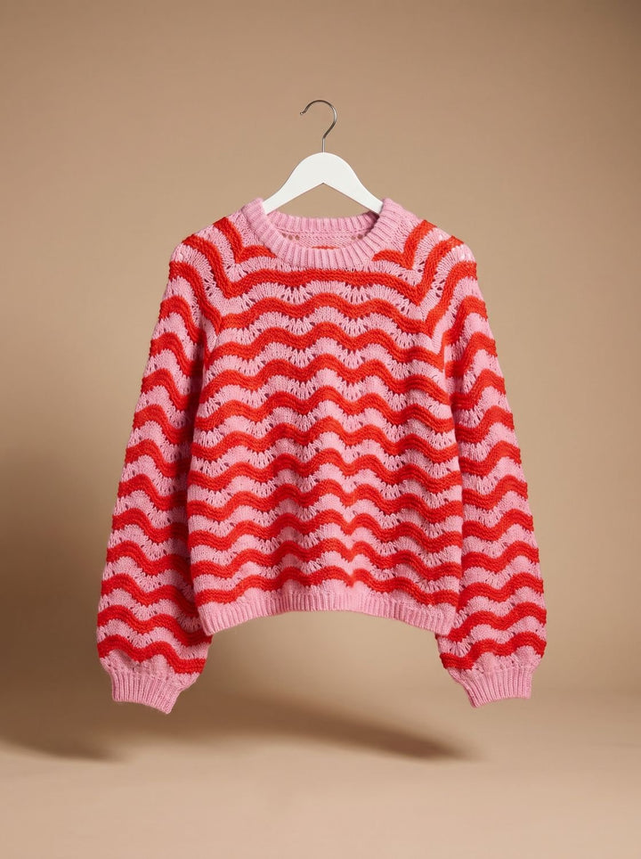 Damen Oversized Strickpullover mit Wellenmuster Rundhalsausschnitt