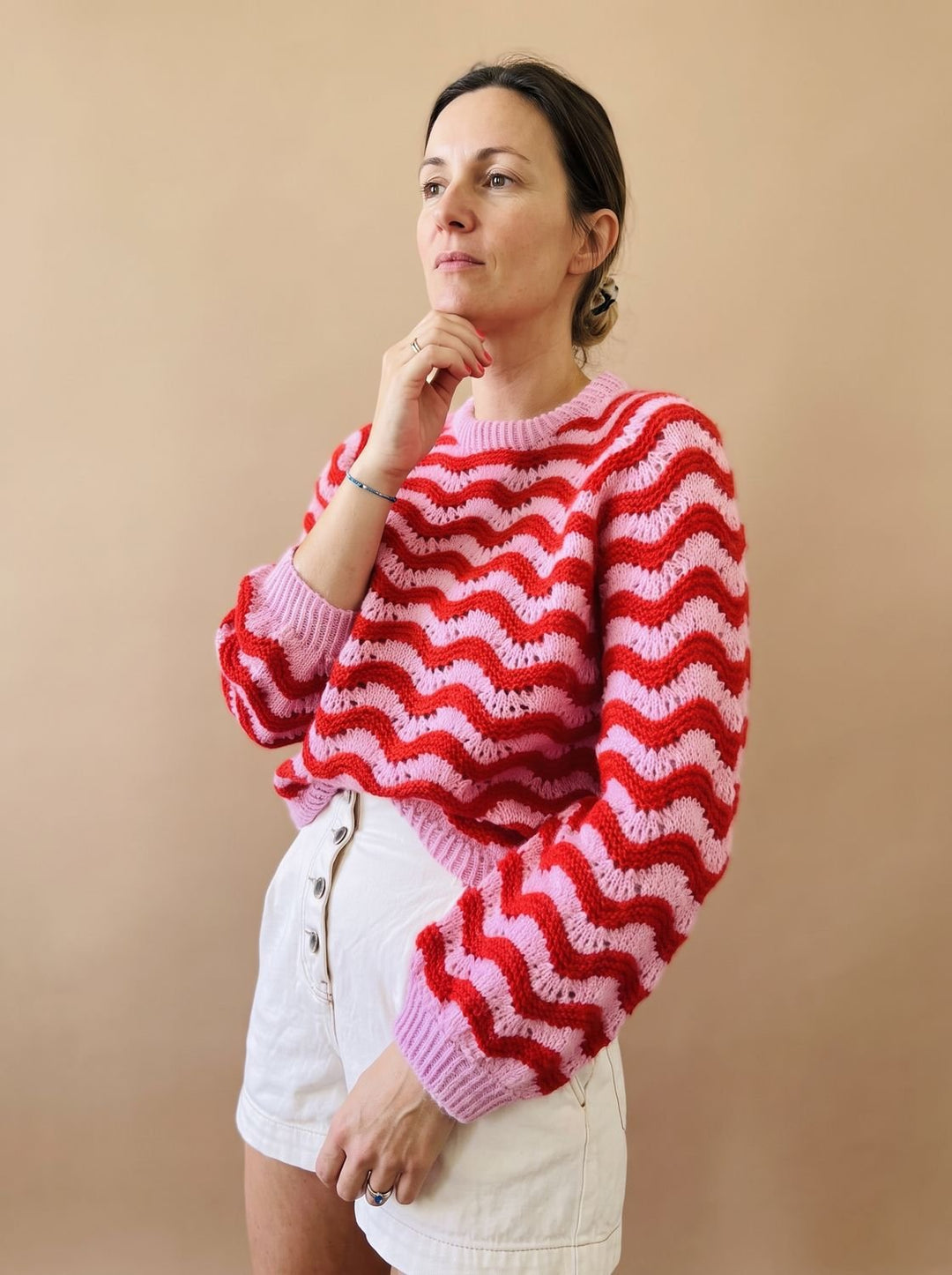 Damen Oversized Strickpullover mit Wellenmuster Rundhalsausschnitt