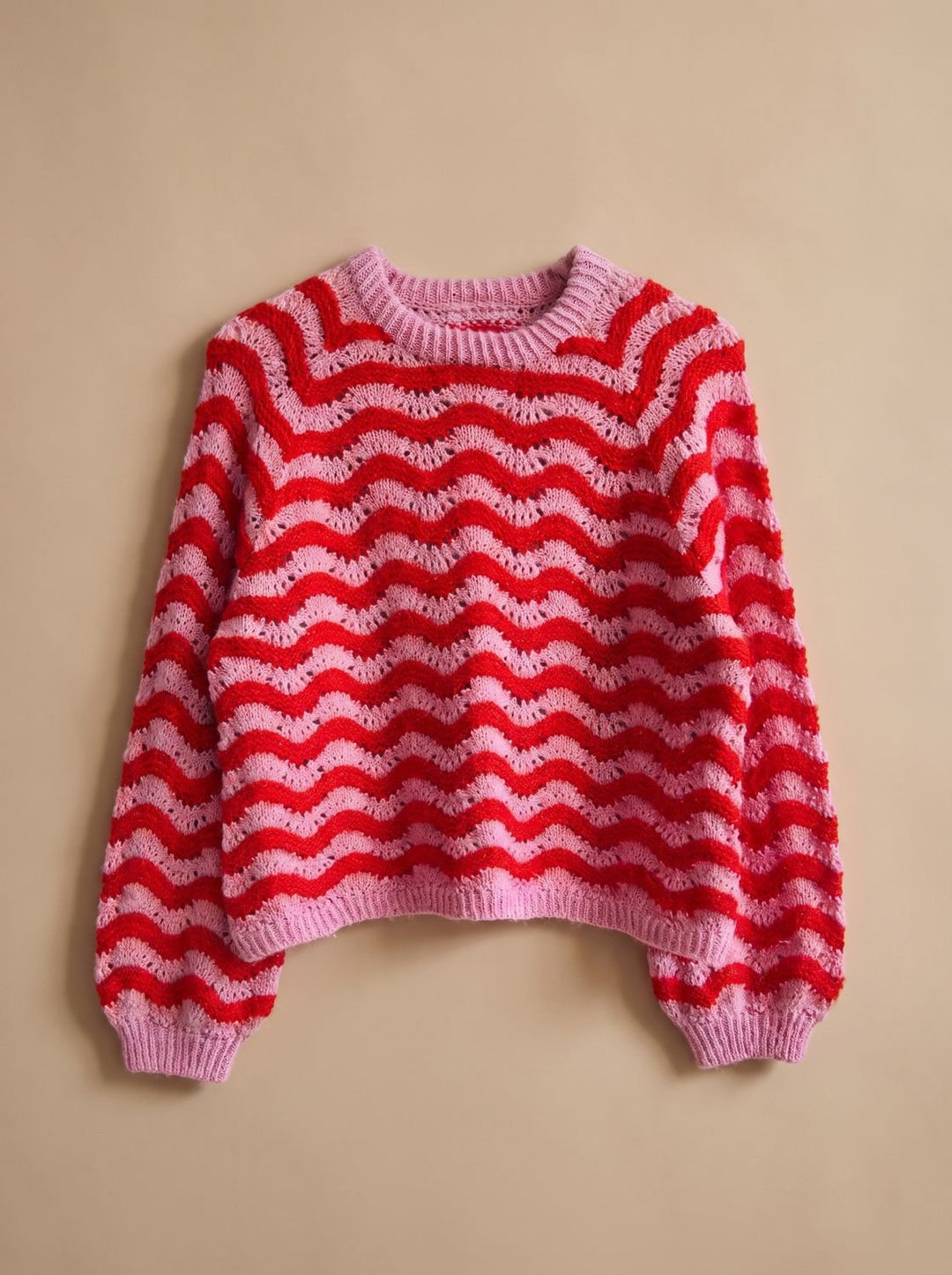 Damen Oversized Strickpullover mit Wellenmuster Rundhalsausschnitt