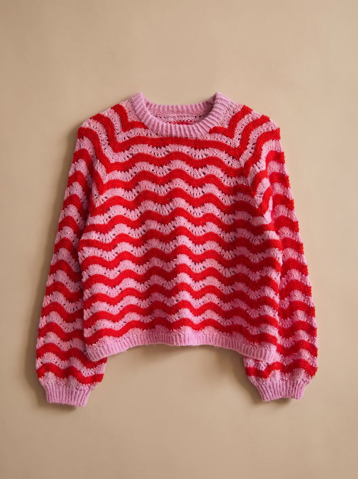 Damen Oversized Strickpullover mit Wellenmuster Rundhalsausschnitt