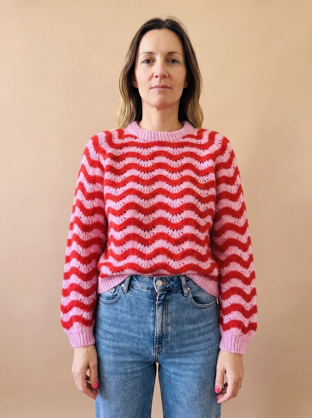 Damen Oversized Strickpullover mit Wellenmuster Rundhalsausschnitt - Rosa
